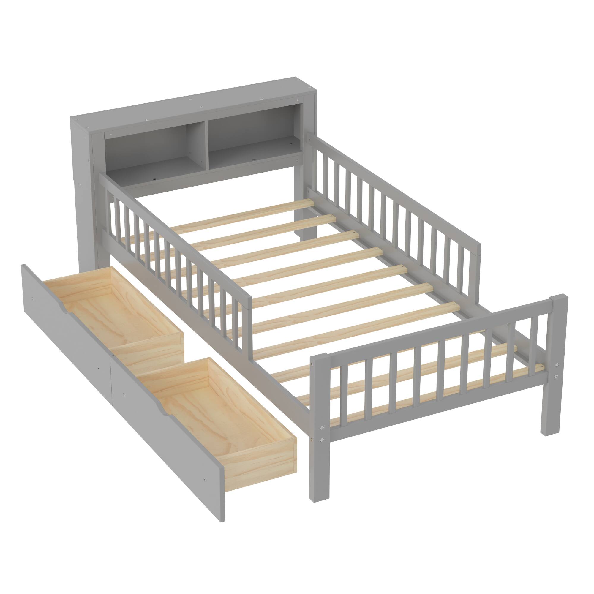 Alt View 6. GOODSILO - Twin Size Bed with Headboard Storage and Under-Bed Drawers Featuring Safety Guardrails - Gray.