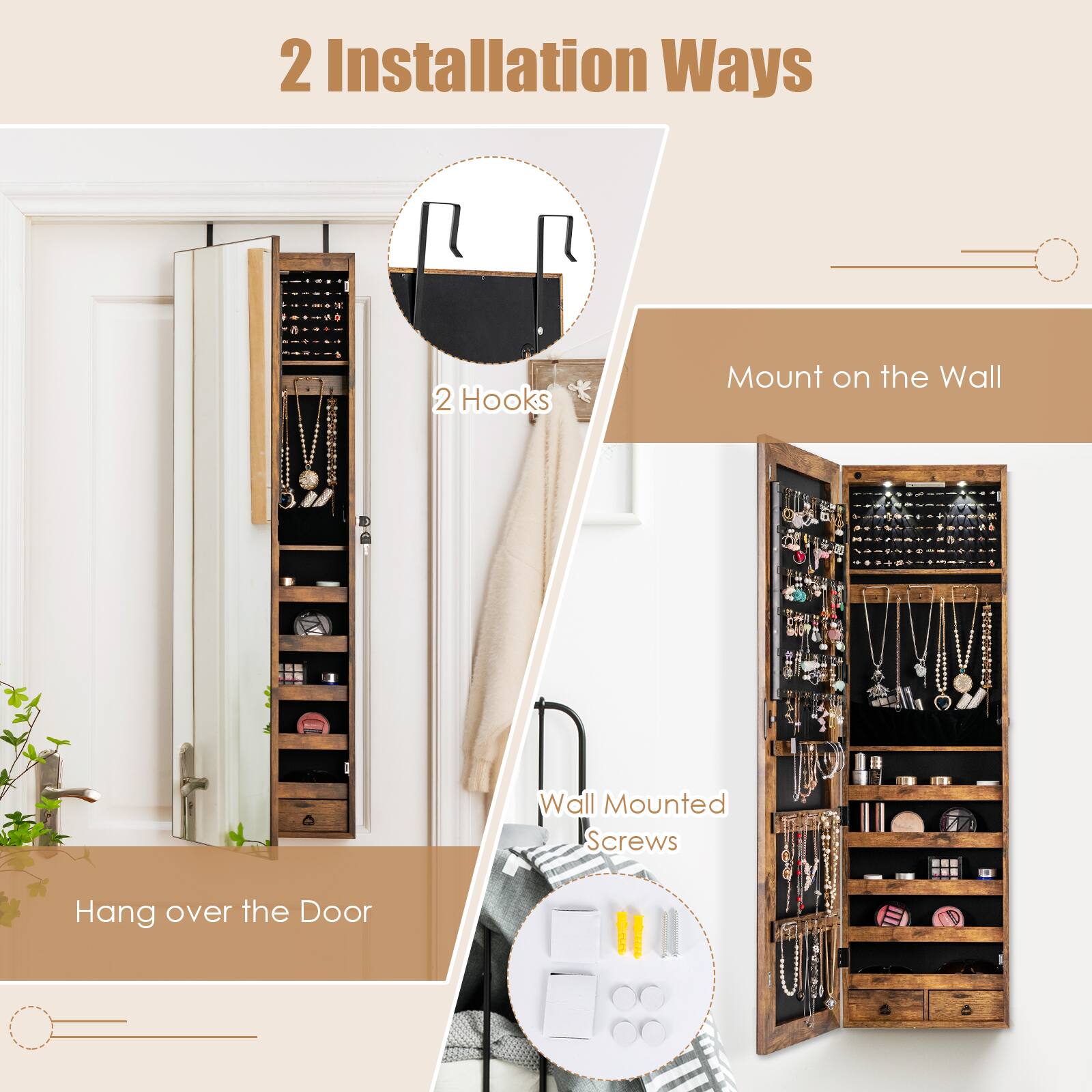 2 Installation Ways: 1. Wall Mounted Screws and 2. Hang over the Door