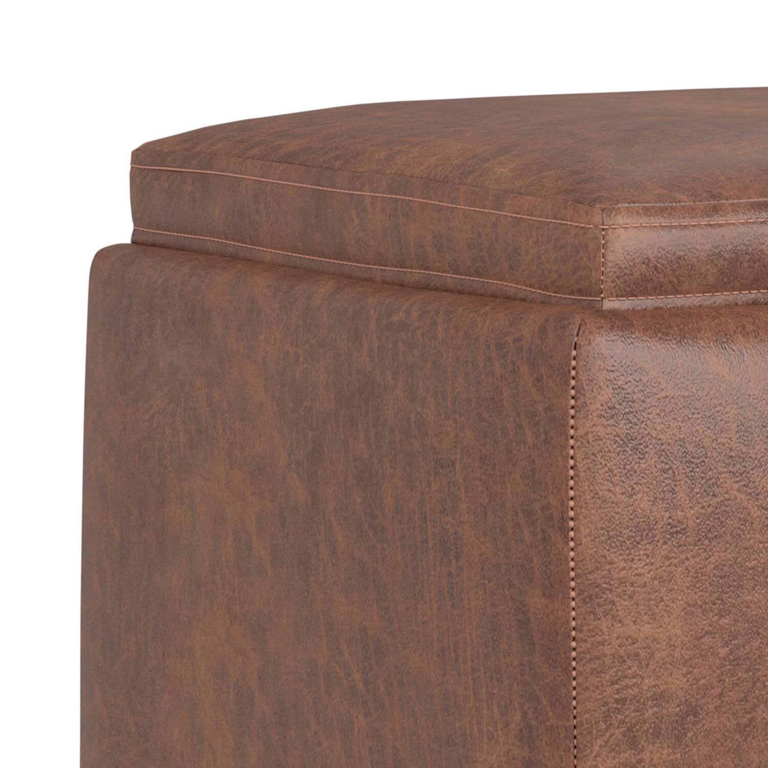 Alt View 4. Simpli Home - Natasha 18 inch Square Mid Century Storage Ottoman with Tray in Distressed Saddle Brown  Vegan Faux Leather, Assembled - Distressed Saddle Brown.