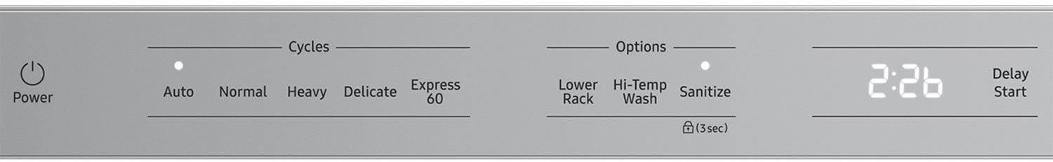 Power Auto Cycles Normal Delicate Express 60 Options Lower Hi-Temp Sanitize Rack Wash 2:26 Delay Start (3sec)