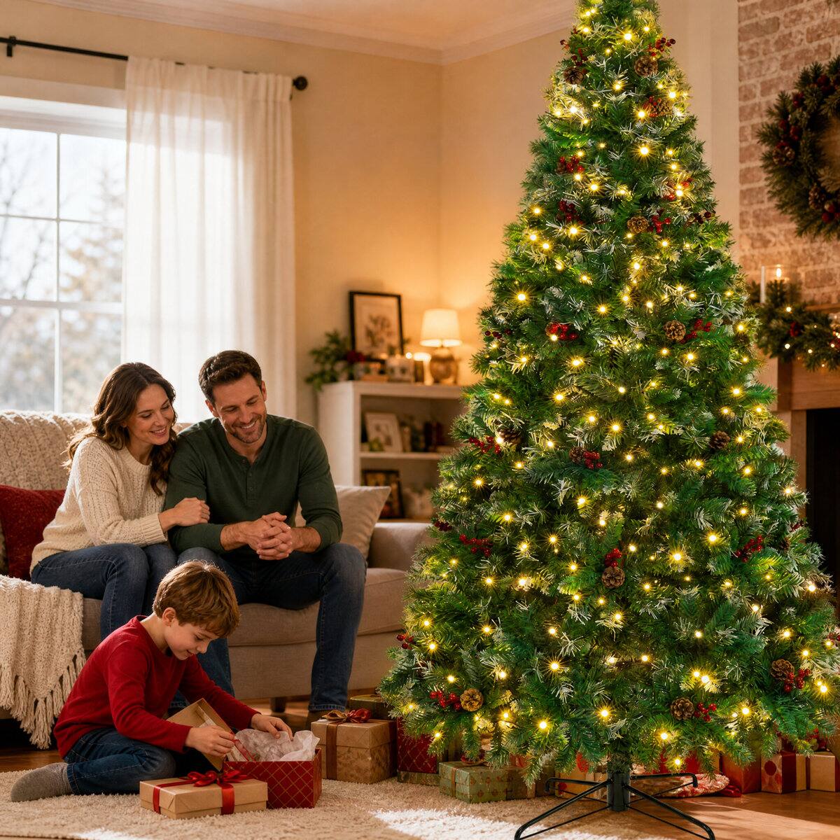 Angle. Wisairt - 9FT Pre-Lit Artificial Christmas Tree, 2008 Tips Snow-Tipped Pine, 700 LED lights with 11 Modes Adjustable - Green.