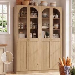 Aheaplus - 80'' Tall Kitchen Pantry Cabinet with Arched Doors and Adjustable Shelves, Set of 2 - Nature