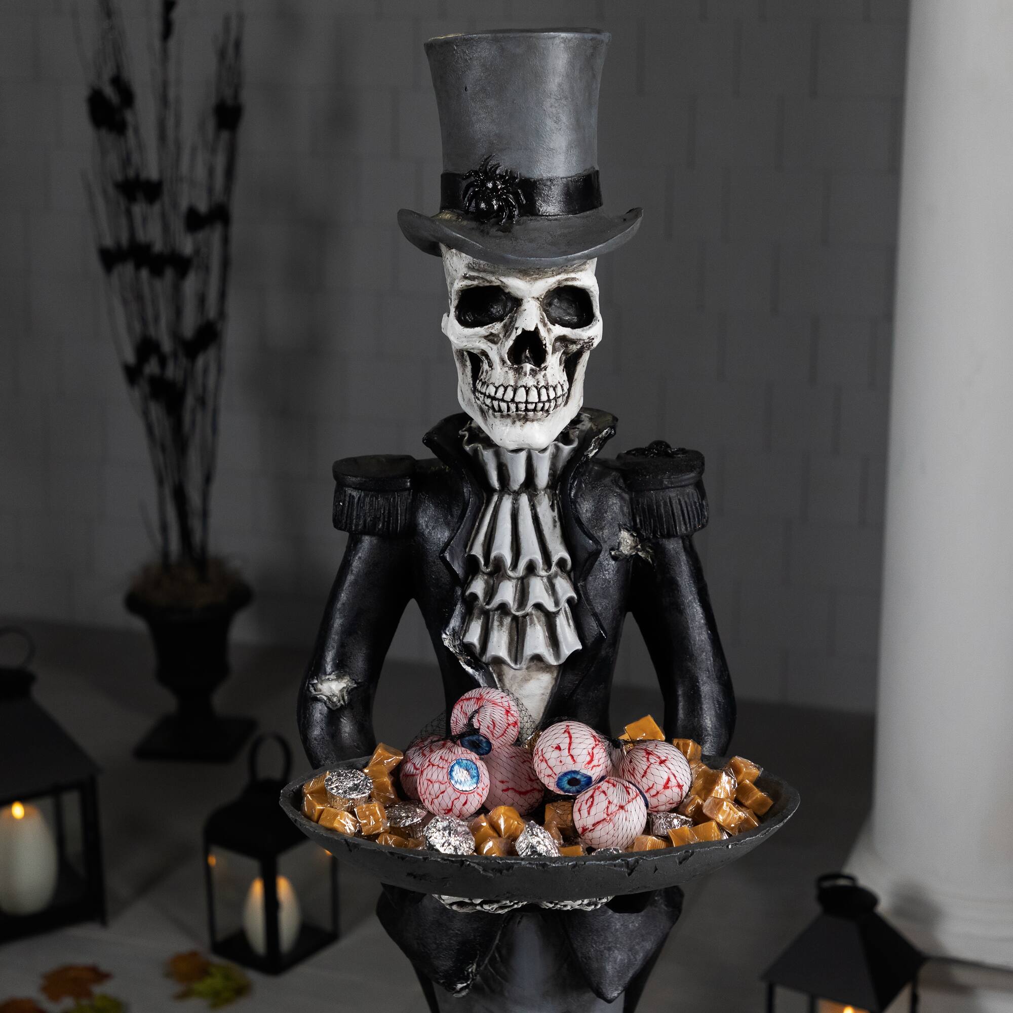 Alt View 2. Northlight - Skeleton Butler with Tray Standing Halloween Statue - 4.5' - Black.