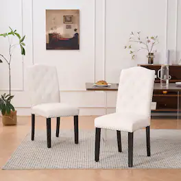 FERPIT - Set of 2 Upholstery Faux Leather Dining Chairs with Button Tufted High Back and Nailhead Trim - Beige