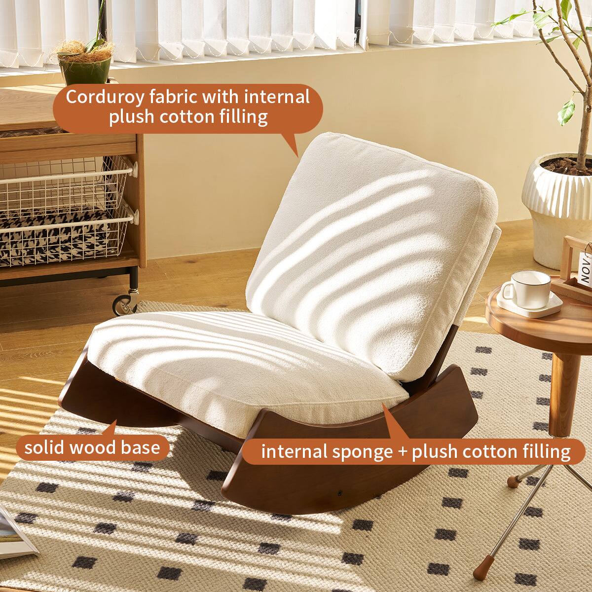 Corduroy fabric with internal plush cotton filling  
solid wood base  
internal sponge + plush cotton filling