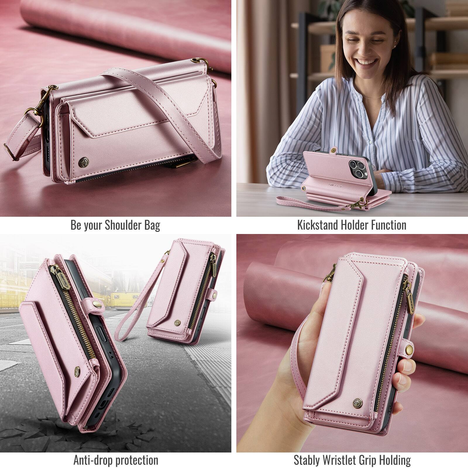 Be your Shoulder Bag  
Kickstand Holder Function  
Anti-drop protection  
Stably Wristlet Grip Holding