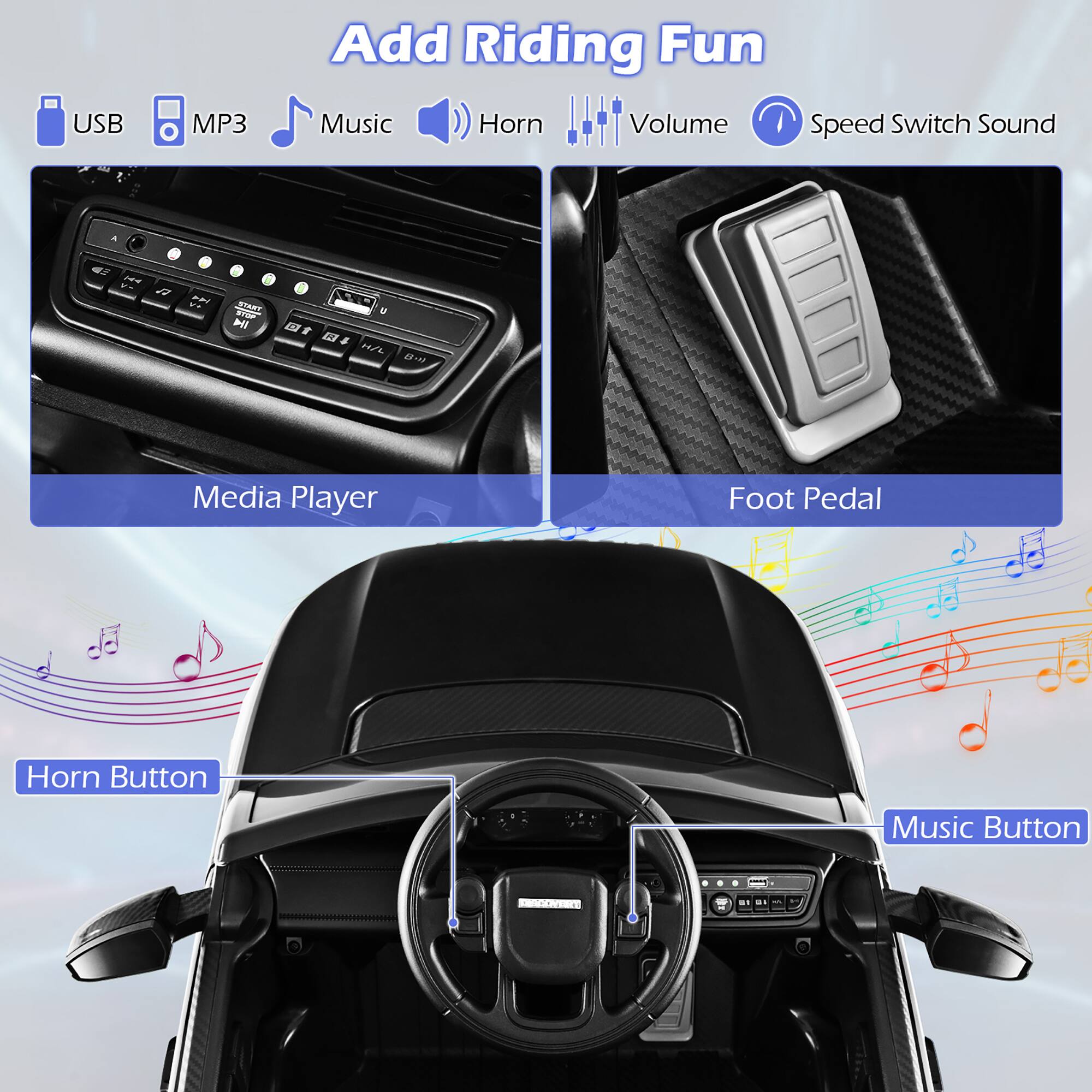 Add Riding Fun  
USB  
MP3  
Music  
Horn  
Volume  
Speed Switch Sound  

Media Player  
Foot Pedal  
Horn Button  
Music Button