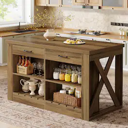 Tribesigns - 55.1-Inch Kitchen Island with Seating Space and Storage for Kitchen or Dining Room - Brown
