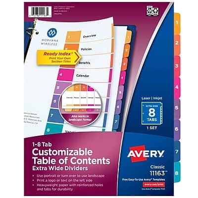 Sure, here is the corrected and grouped text:

---

**Product Information:**
- **Brand:** Avery
- **Model:** 5038
- **Type:** Wireless Ready Index Print Your Own Section Tites
- **Format:** 1-8 Tab Customizable Table of Contents Extra Wide Dividers
- **Size:** 11" x 16.3"
- **Quantity:** 1 Set
- **Tabs:** 8 Tabs
- **Material:** Heavyweight paper with reinforced holes and tabs for durability

**Features:**
- Works in landscape format
- Also works in portrait format
- Use portrait or turn over to use landscape
- Print a logo or text on the left side
- Free Easy-To-Use Avery Templates
- Avery.com/print

**Sections:**
1. Overview
2. Policies
3. Benefits
4. Calendar
5. (Blank)
6. (Blank)
7. (Blank)
8. (Blank)

**Printing Options:**
- Laser | Inkjet

**Additional Information:**
- Aho works in landscape format
- Extra Wide Dividers
- Classic

**Website:**
- avery.com/print

---

This text is organized to reflect the information provided