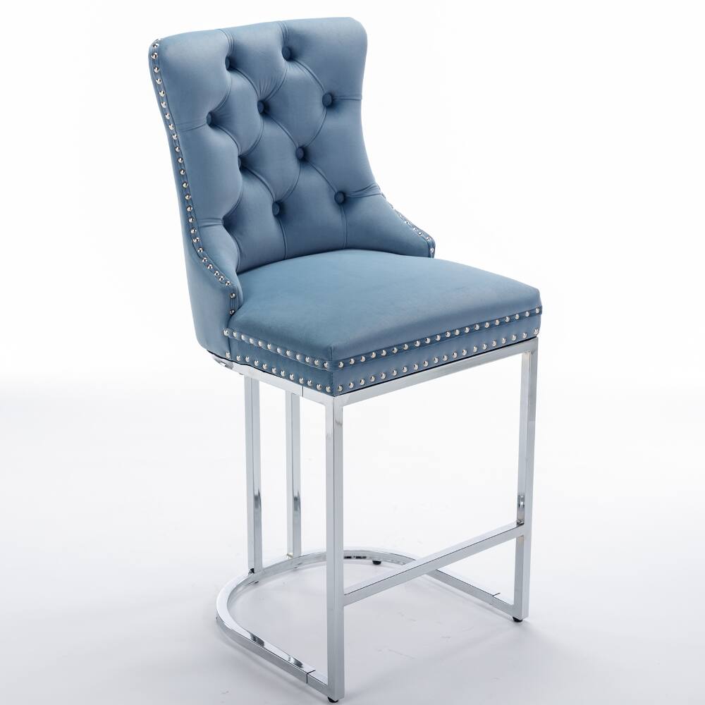 Back. Loheer - Loheer 26 Inch Counter Height Bar Stools Set of 2 Light Blue Velvet Kitchen Island Chairs with Chromed Metal Base - Light Blue.