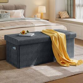 Pinmoco - Pinmoco- Corduroy Ottoman Plush Foldable Bench with Free Cozy Blanket - Dark Gray