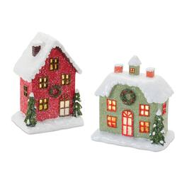 BreeBe - Lighted Winter Village Houses (Set of 2) - Red, Green