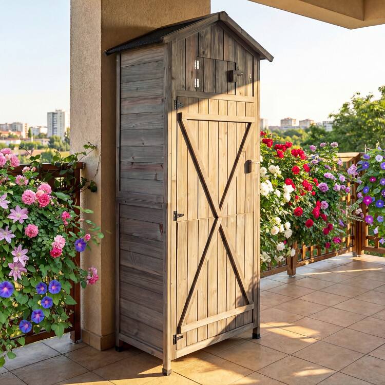 Angle. Mondawe - 70 inch Tall Garden Tool Storage Cabinet with Lockable Doors and Foldable Table - Grey.