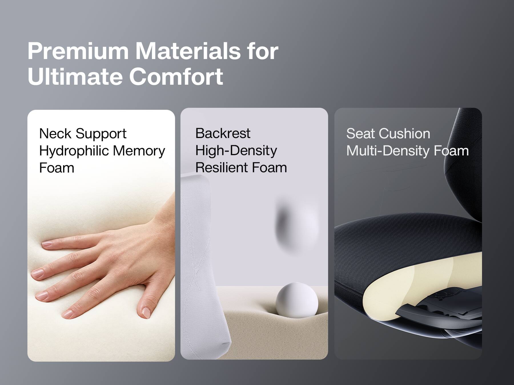 Premium Materials for Ultimate Comfort

- Neck Support: Hydrophilic Memory Foam
- Backrest: High-Density Resilient Foam
- Seat Cushion: Multi-Density Foam