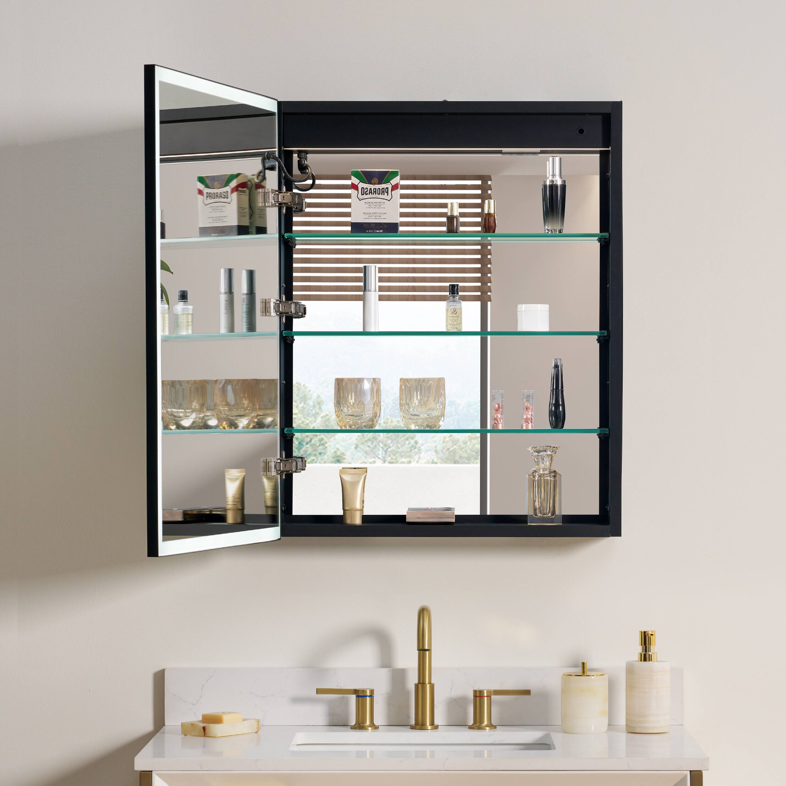 Angle. WELLFOR - 24 in. W x 30 in. H Rectangular Aluminum Recessed/Surface Mount LED Medicine Cabinet with Mirror, Left Open - Silver.