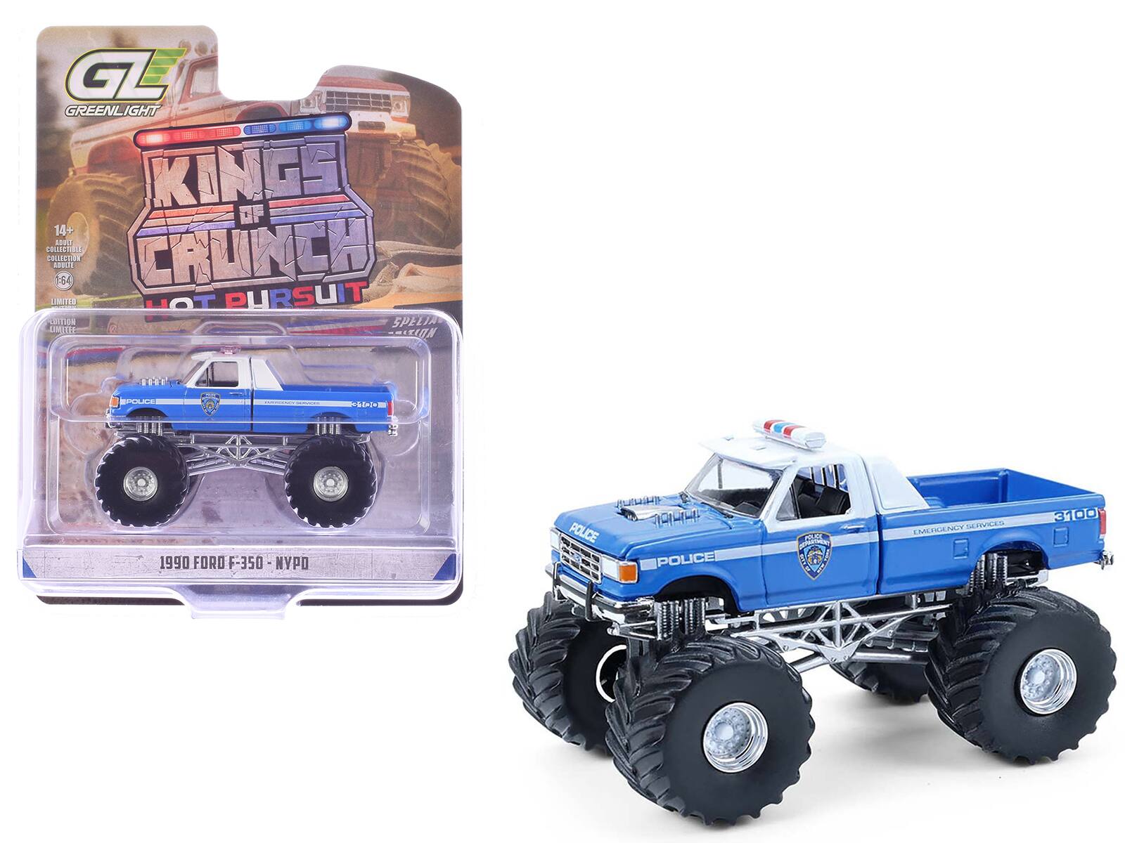 GL GREENLIGHT  
KINGS OF CRUNCH  
14+ COLLECTIBLE ACTION  
64  
LIMITED EDITION  
HOT PURSUIT  
1990 FORD F-350 - NYPD  
POLICE  
EMERGENCY SERVICES