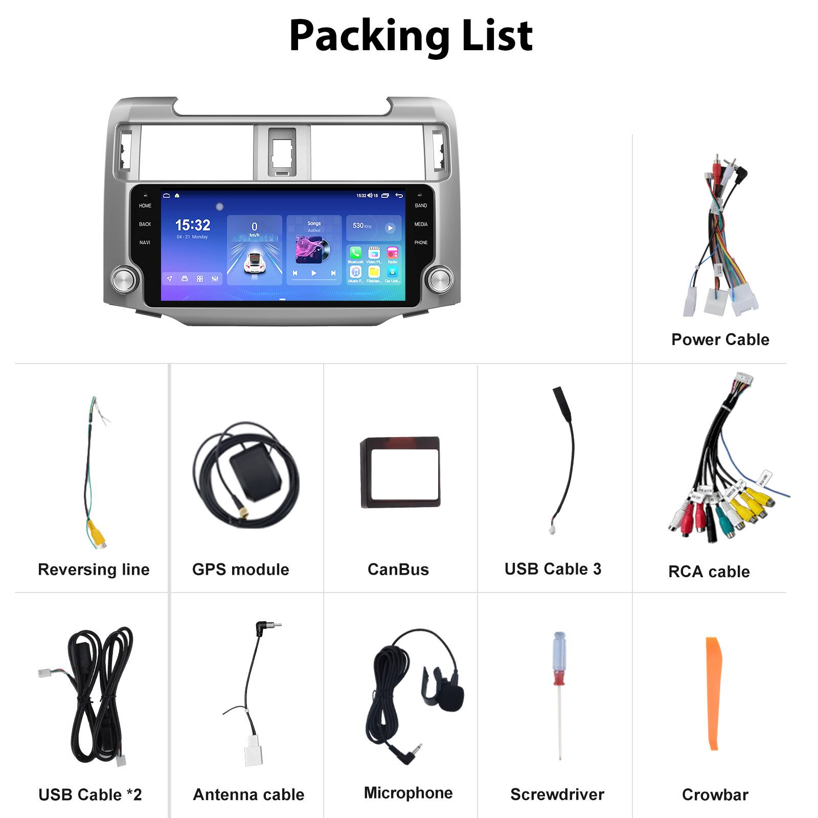 Packing List

- Power Cable
- Reversing line
- GPS module
- CanBus
- USB Cable *2
- Antenna cable
- Microphone
- Screwdriver
- Crowbar