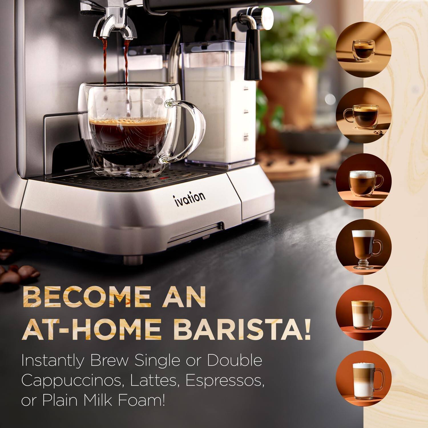 BECOME AN AT-HOME BARISTA! Instantly Brew Single or Double Cappuccinos, Lattes, Espressos, or Plain Milk Foam!