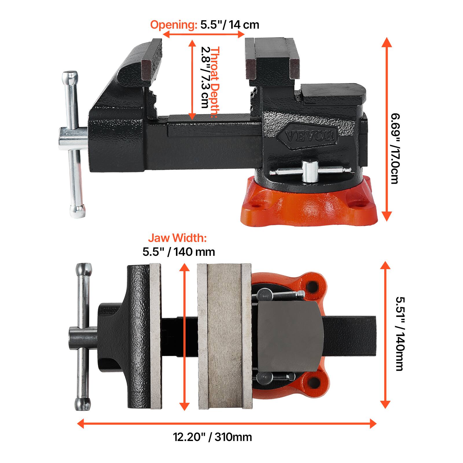 - Opening: 5.5" / 14 cm
- Throat Depth: 2.8" / 7.3 cm
- Jaw Width: 5.5" / 140 mm
- Total Height: 6.69" / 17.0 cm
- Base Width: 12.20" / 310 mm