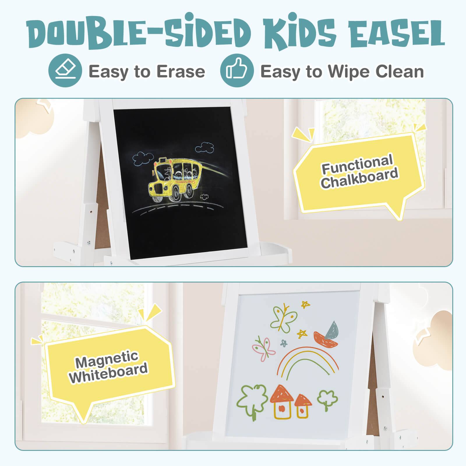 DOUBLE-SIDED KIDS EASEL

- Easy to Erase
- Easy to Wipe Clean

Functional Chalkboard

Magnetic Whiteboard