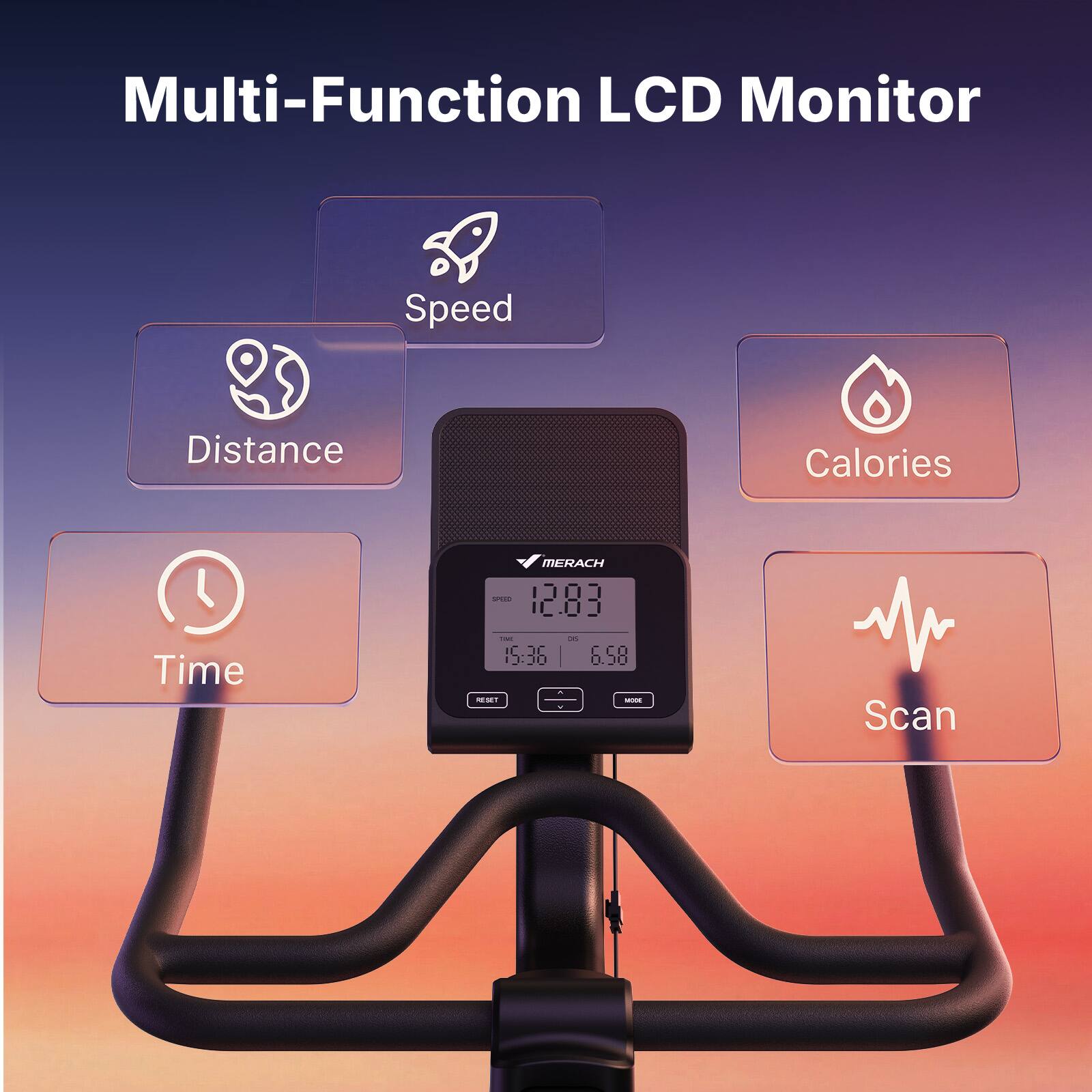 Multi-Function LCD Monitor

- Speed
- Distance
- Time
- Calories
- Scan

MERACH

12.83
15:36
6.58