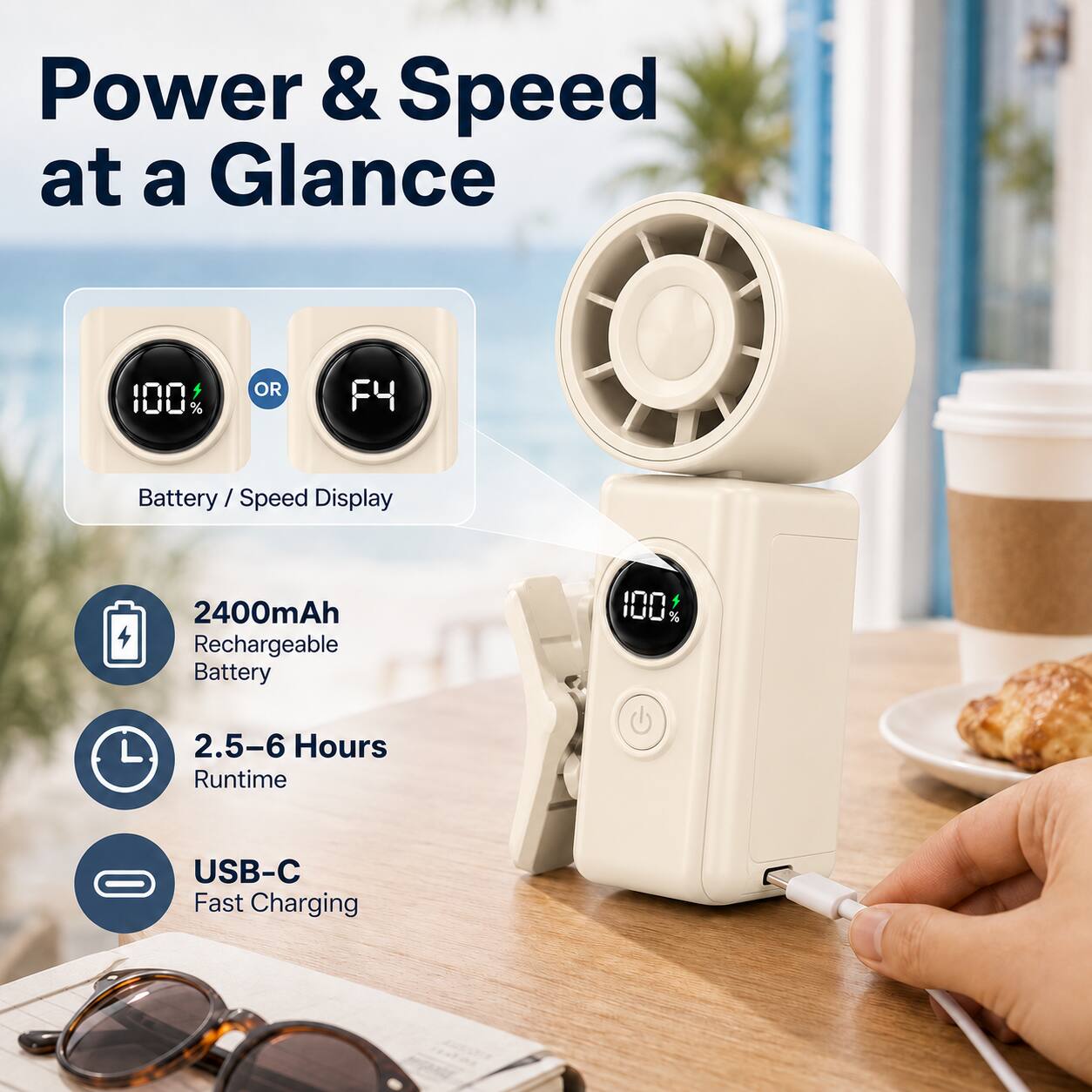 Power & Speed at a Glance

Battery / Speed Display

2400mAh Rechargeable Battery

2.5-6 Hours Runtime

USB-C Fast Charging