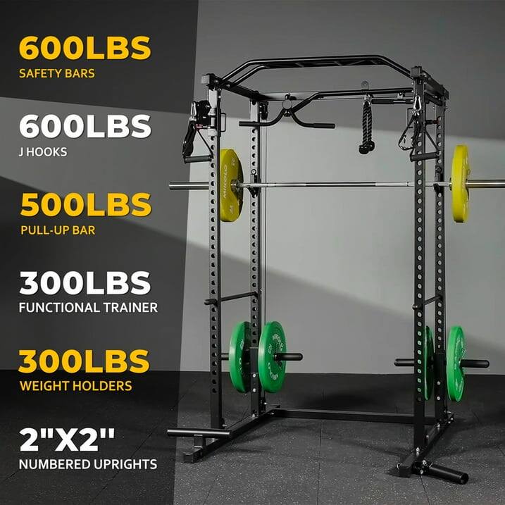 600LBS SAFETY BARS 600LBS J HOOKS 500LBS PULL-UP BAR 300LBS FUNCTIONAL TRAINER 300LBS WEIGHT HOLDERS 2"X2" NUMBERED UPRIGHTS