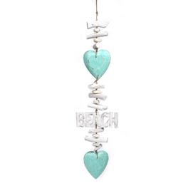 Bamboo Source Tropical Decor - Aqua Hearts with the Word Beach on Seagrass Rope with Rocks and Driftwood Mobile Stand 37 inch - Multicolor