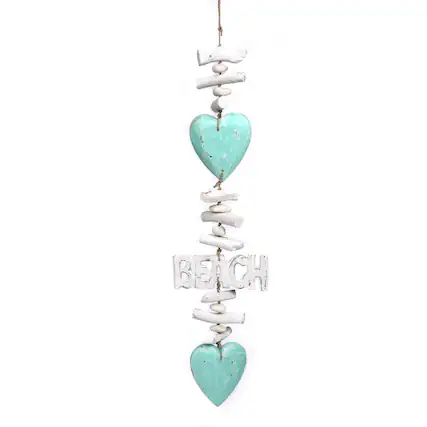 Front. Bamboo Source Tropical Decor - Aqua Hearts with the Word Beach on Seagrass Rope with Rocks and Driftwood Mobile Stand 37 inch - Multicolor.