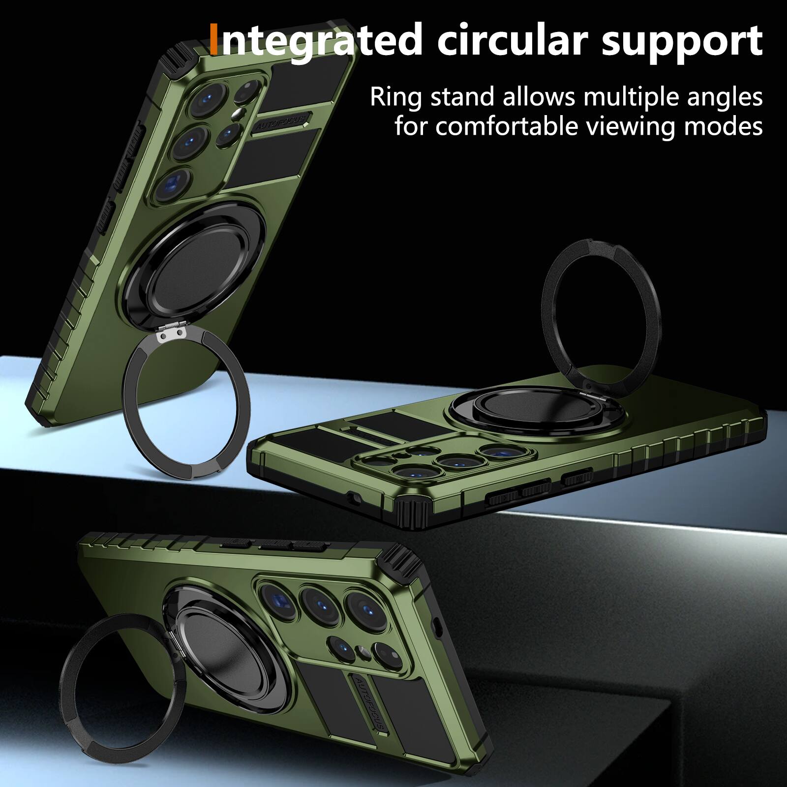 Integrated circular support  
Ring stand allows multiple angles for comfortable viewing modes