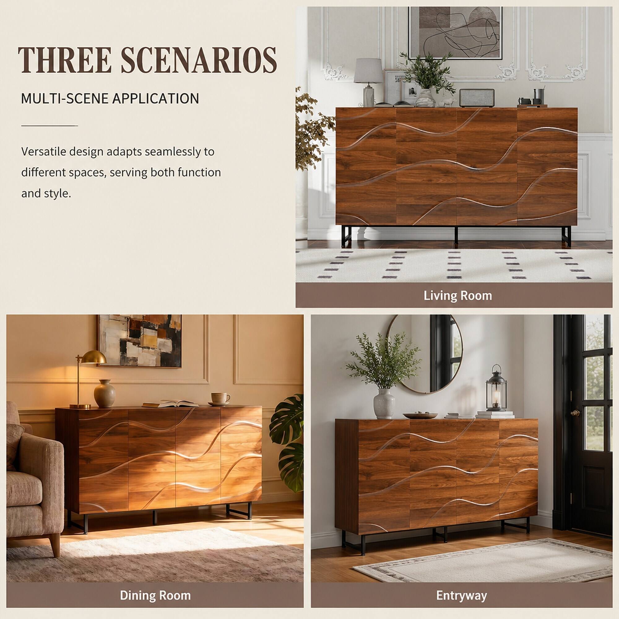 THREE SCENARIOS  
MULTI-SCENE APPLICATION  

Versatile design adapts seamlessly to different spaces, serving both function and style.  

Living Room  
Dining Room  
Entryway