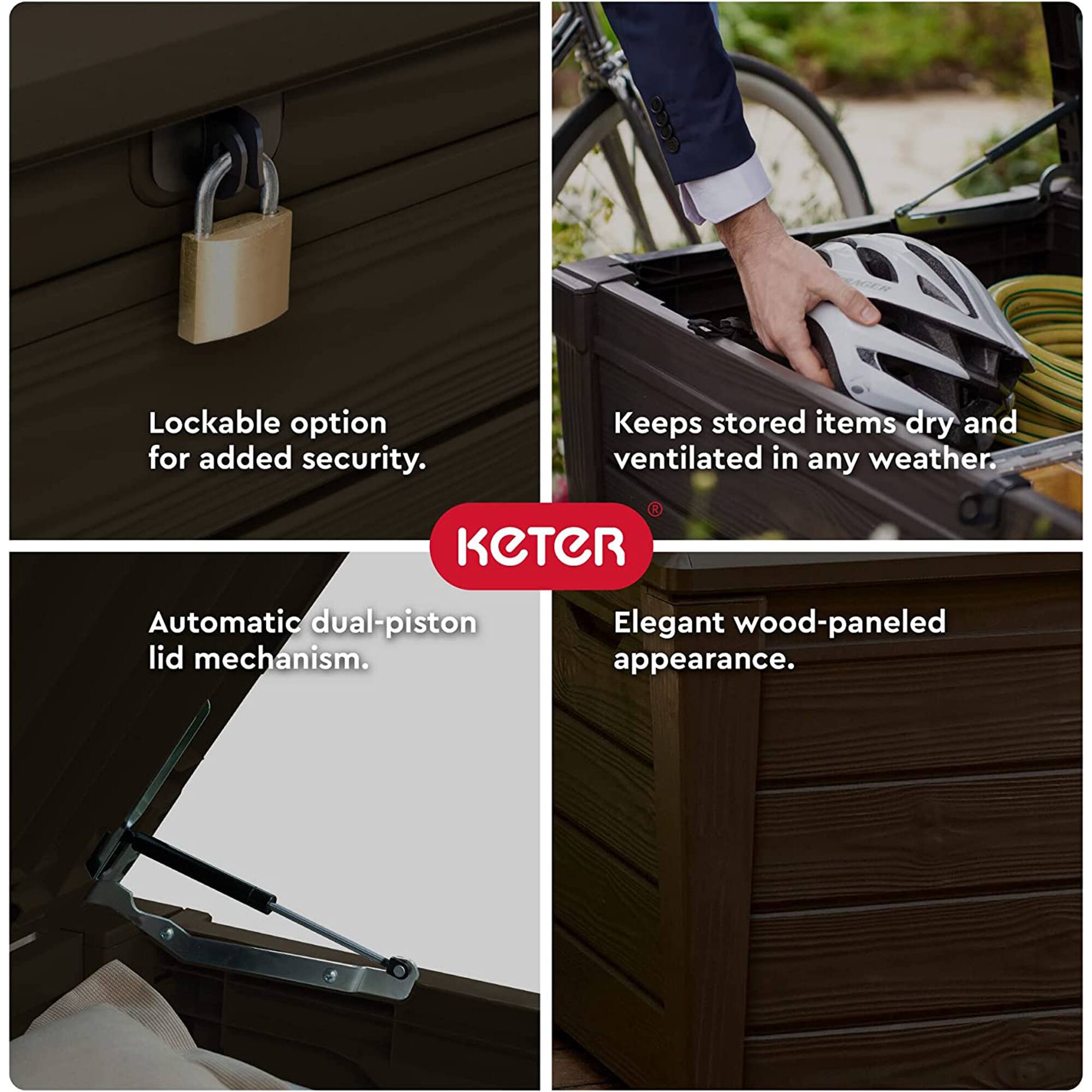 - Lockable option for added security.
- Keeps stored items dry and ventilated in any weather.
- Automatic dual-piston lid mechanism.
- Elegant wood-paneled appearance.