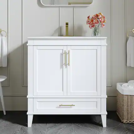 Front. WELLFOR - FENE 30 in. Solid Wood Bath Vanity with Countertop Basin, Single Sink - White.