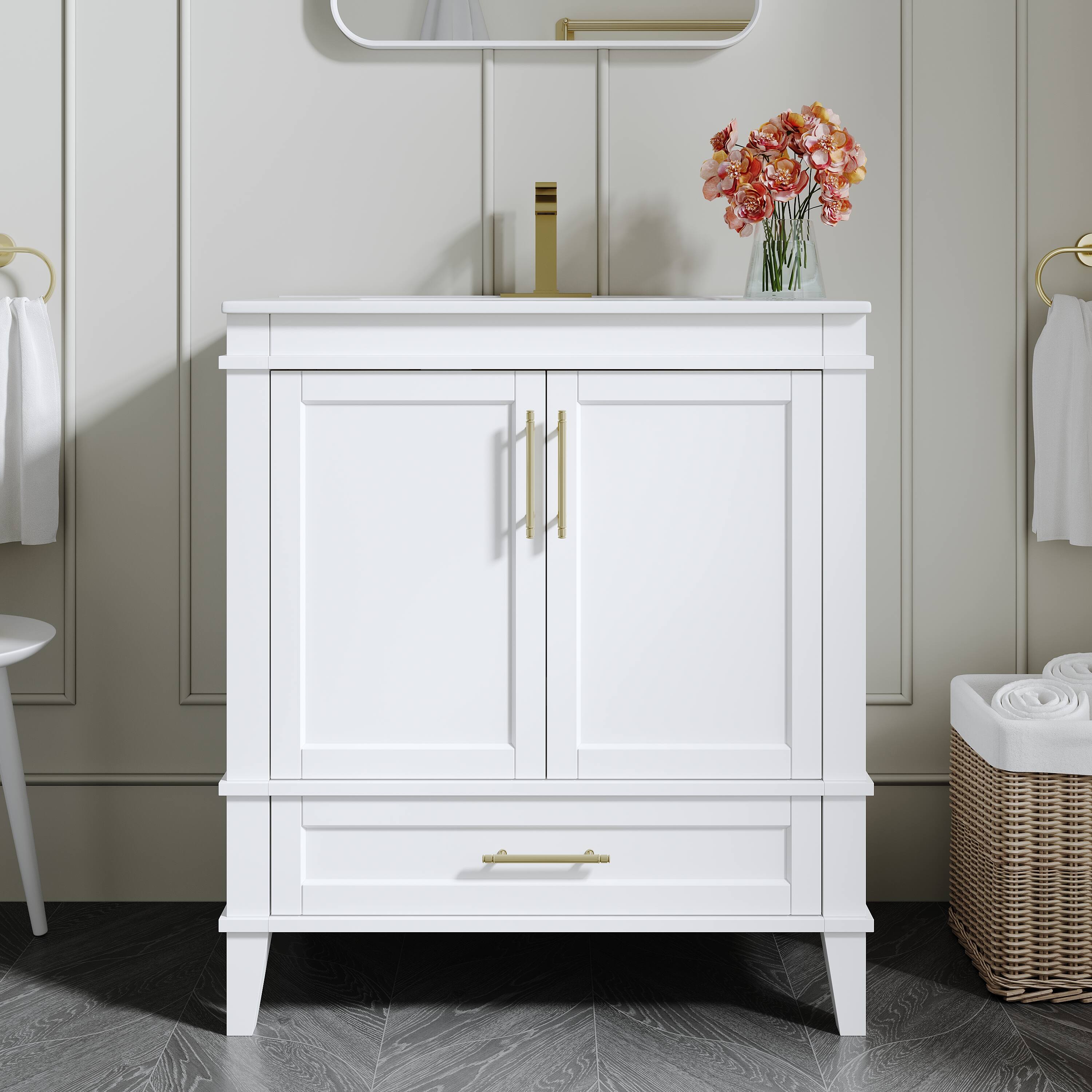 Front. WELLFOR - FENE 30 in. Solid Wood Bath Vanity with Countertop Basin, Single Sink - White.
