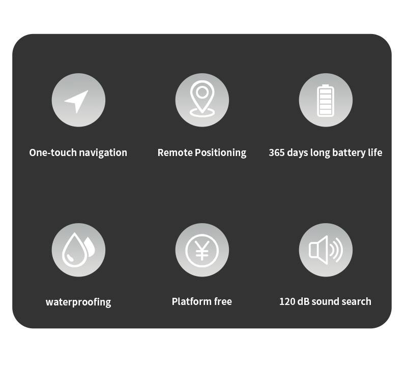 One-touch navigation  
Remote Positioning  
365 days long battery life  
waterproofing  
Platform free  
120 dB sound search