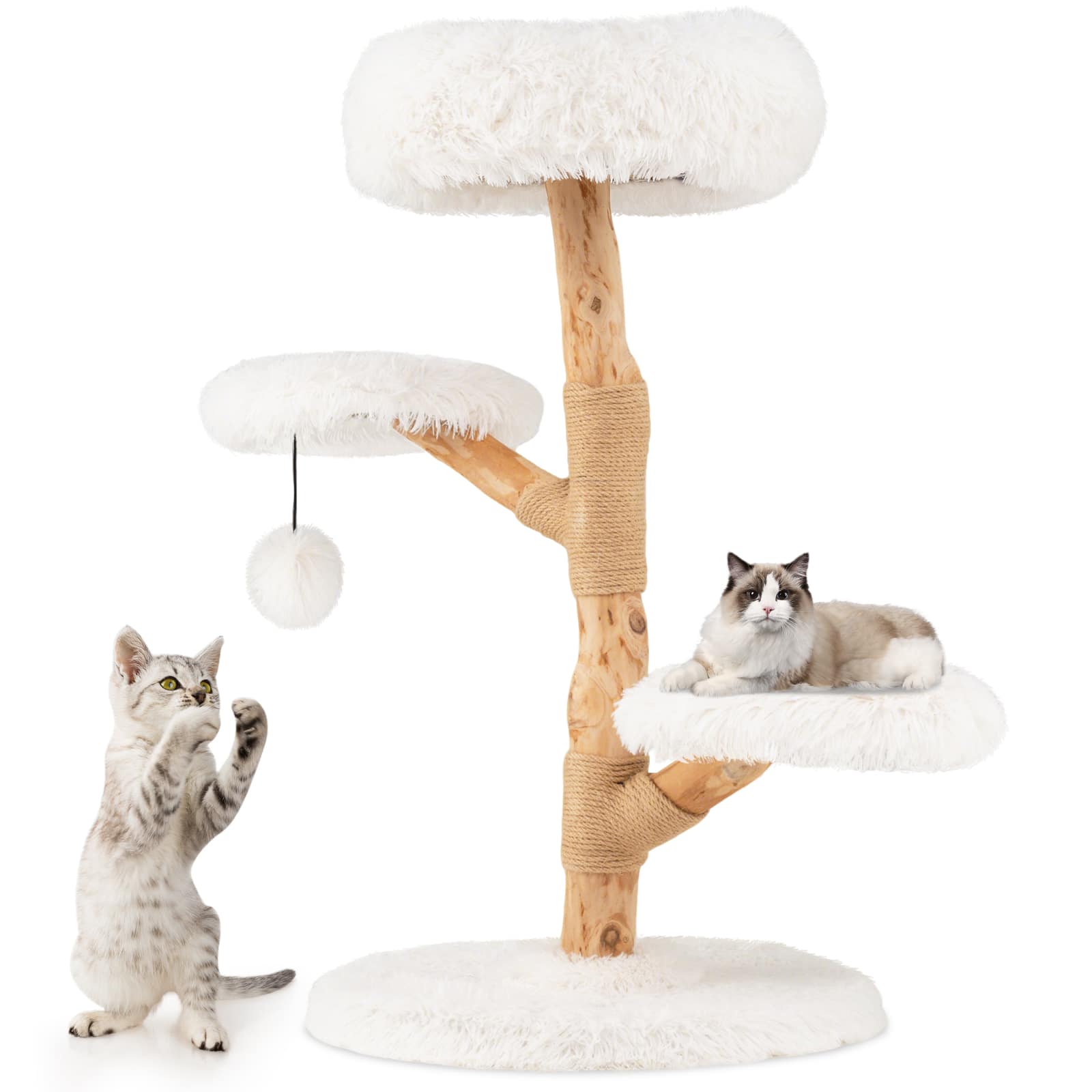 Costway - Cat Tree with Perch, Natural Jute Scratching Posts, Dangling Ball, Soft Long Plush - Natural & White price history on PriceWatchPro