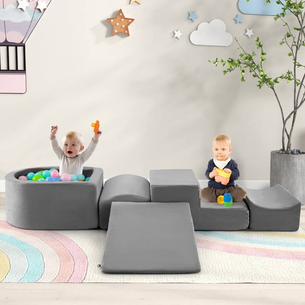 Back. Pefilos - 5-Piece Climb and Crawl Playset with Ball Pit for Kids, Soft Playset for Home - Gray.