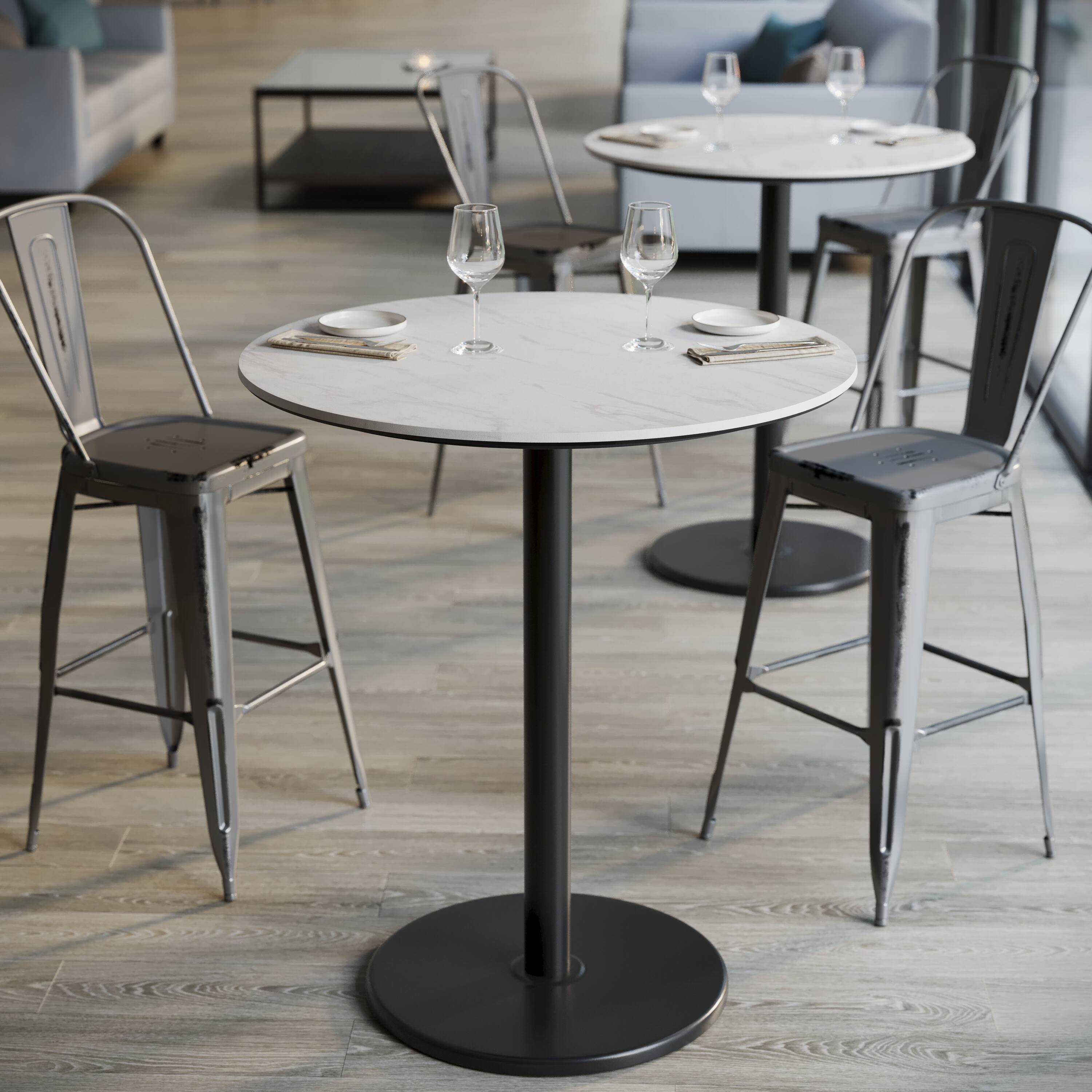 Alt View 4. Emma + Oliver - PureShield Tabletop with Seam-Free Surface Innovation and Bar Height Round Base - White Faux Marble/Black Base.