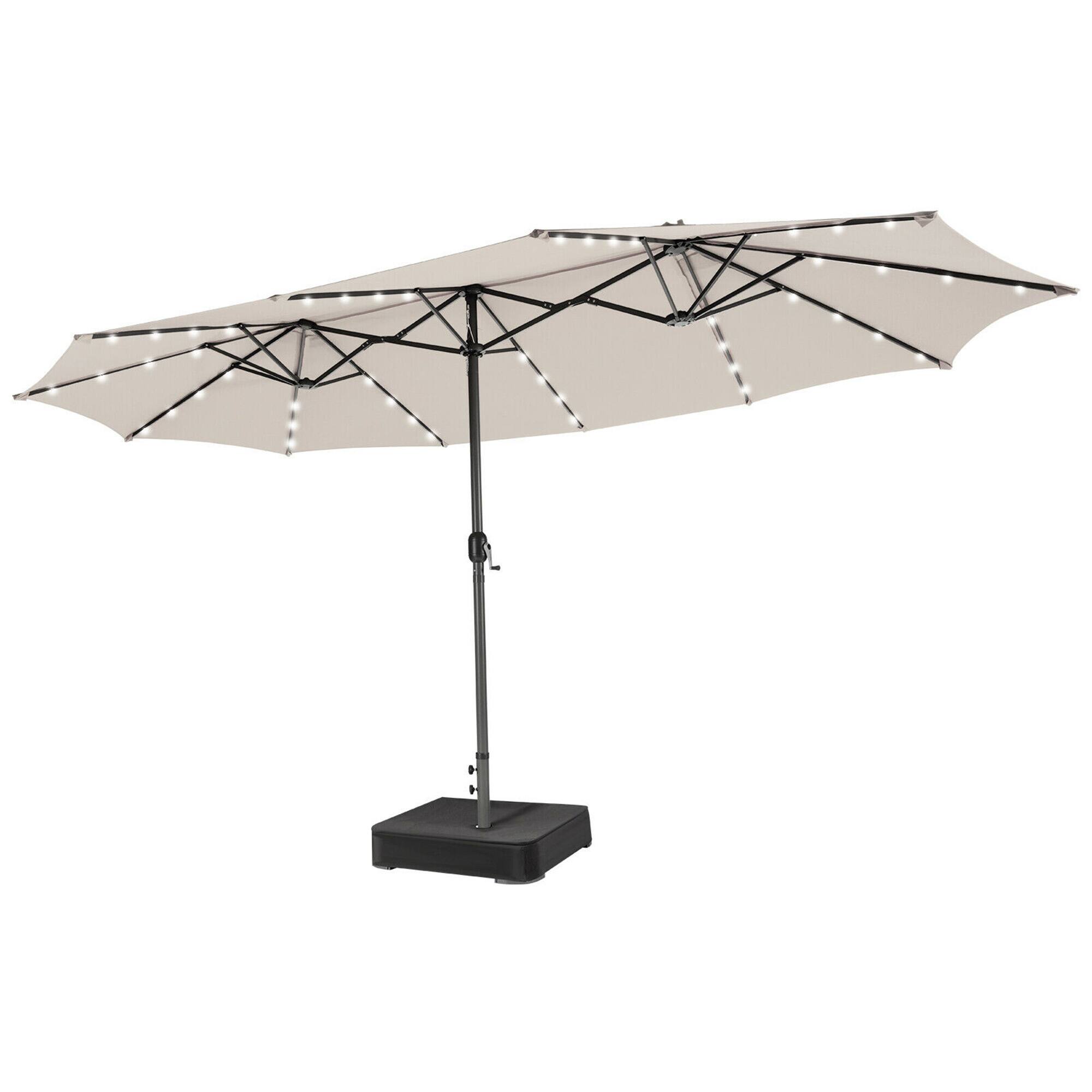 Costway - Outdoor 15' Double-Sided Patio Umbrella 48 Solar LED Lights Crank & Base - Beige
