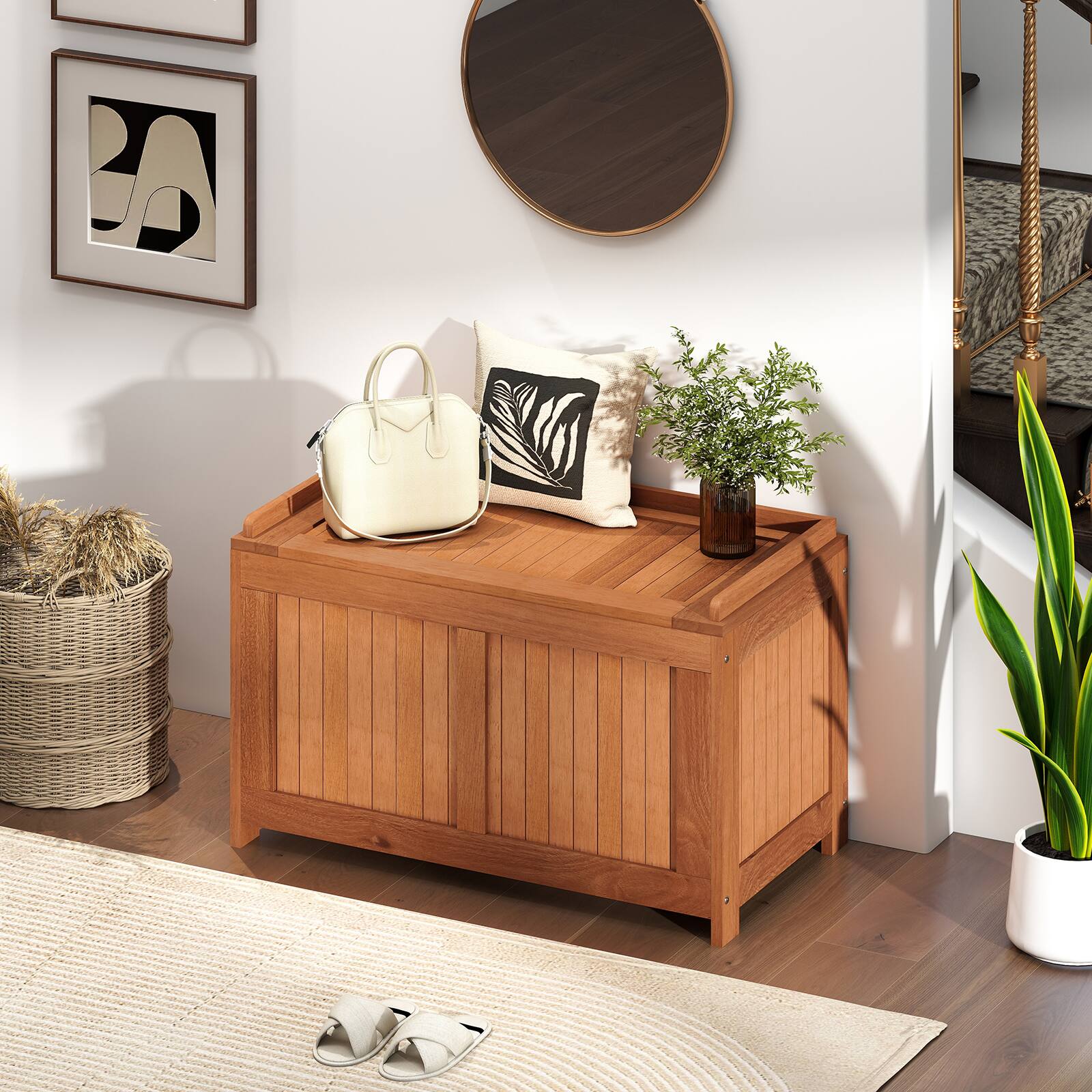 Alt View 4. Costway - Costway 52 Gallon Wood Deck Box with Flip Top Teak Oil Finish Pool Supplies Cushions - Orange.