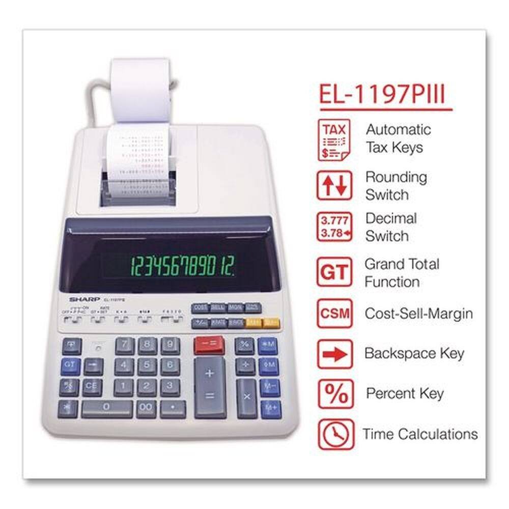 EL-1197P III

- Automatic Tax Keys
- Rounding Switch
- Decimal Switch (3.777 to 3.78)
- Grand Total Function
- Cost-Sell-Margin (CSM)
- Backspace Key
- Percent Key (%)
- Time Calculations

Keys:
- 1 2 3
- 4 5 6
- 7 8 9
- 0 00
- + -
- × ÷
- GT CE
- TAX RATE
- CSM
- %
- MRC
- ON/C
- AC
- %