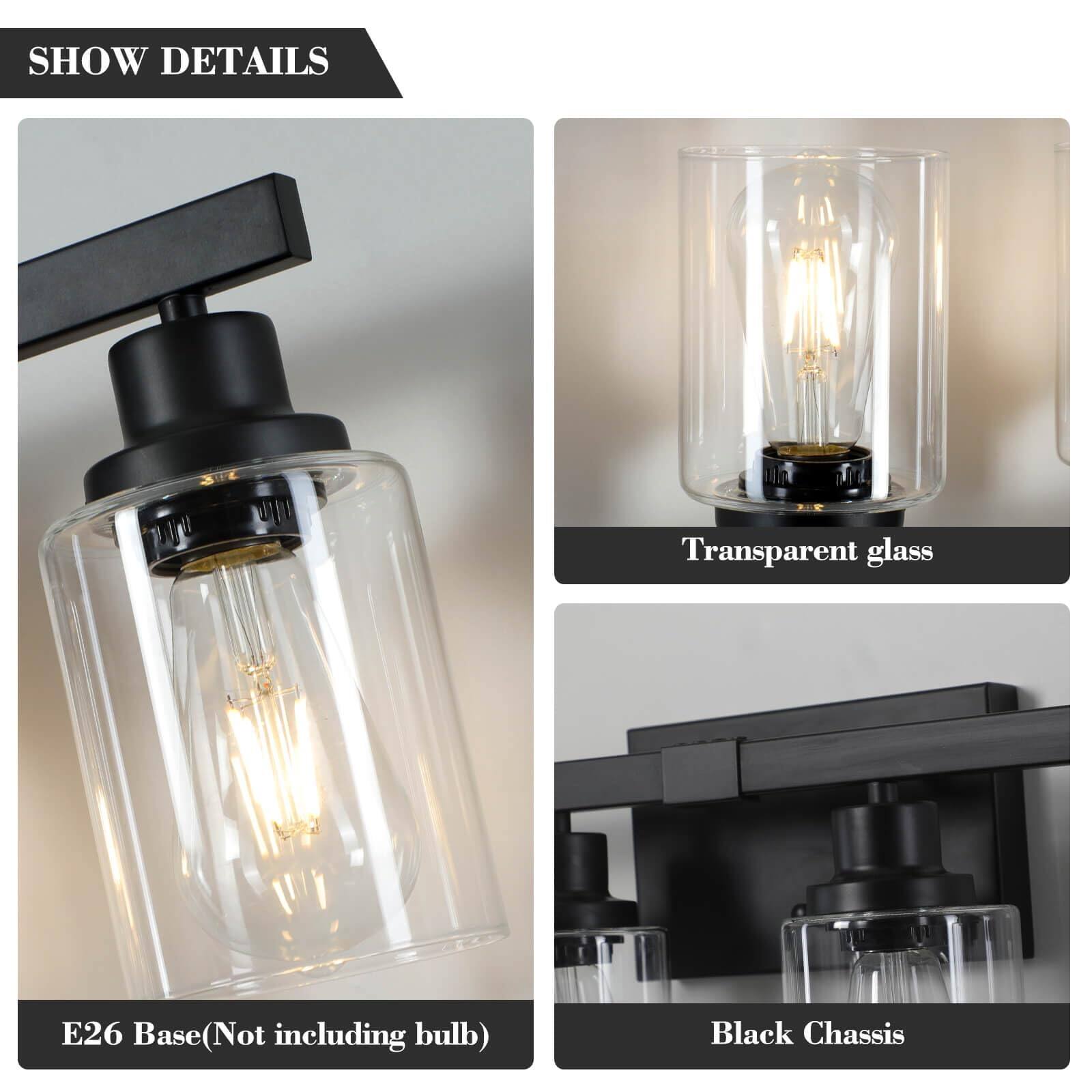 - Transparent glass
- E26 Base (Not including bulb)
- Black Chassis