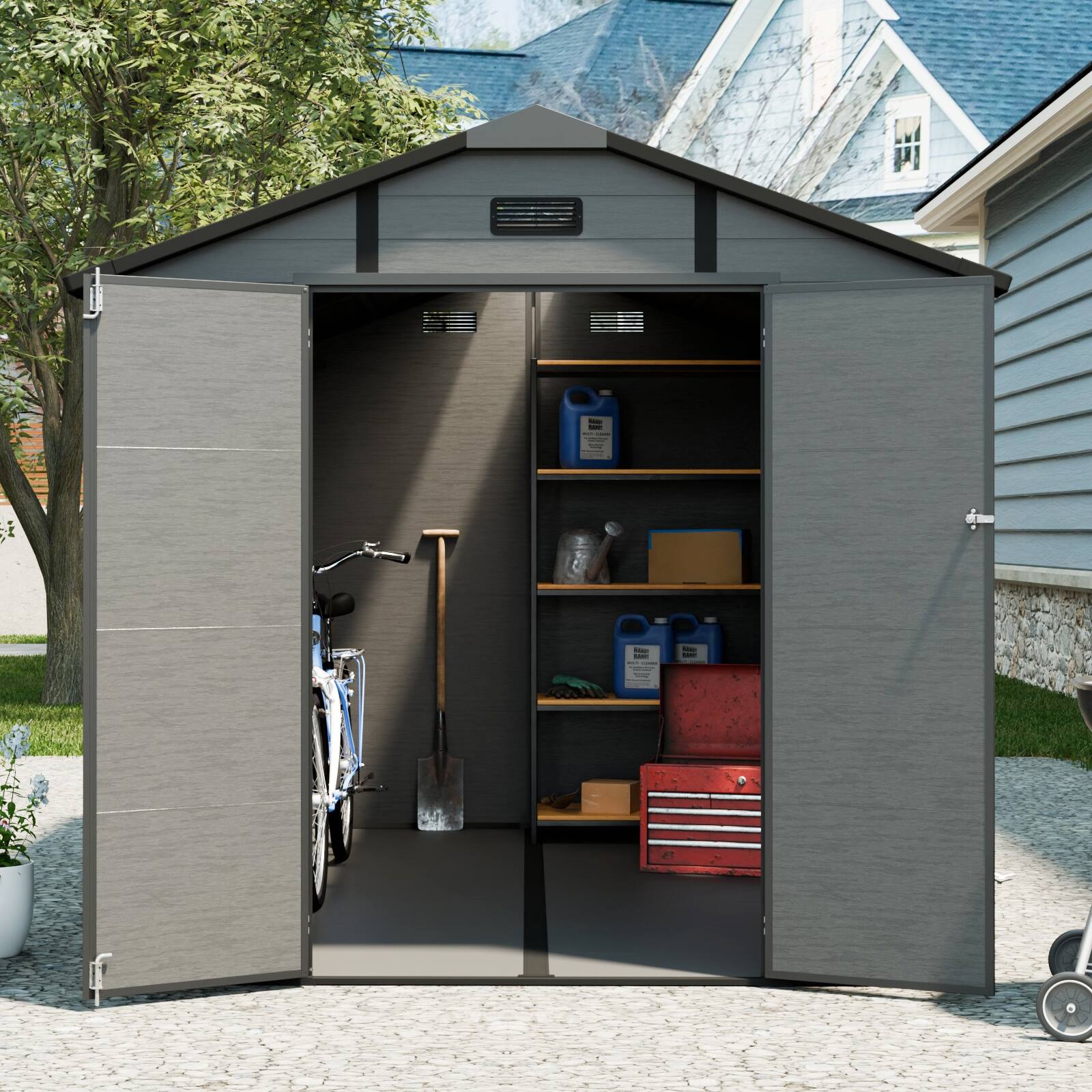Angle. Loheer - Loheer 8x10 Plastic Outdoor Storage Shed Lockable Resin Tool Shed with Window and Floor Dark Gray.