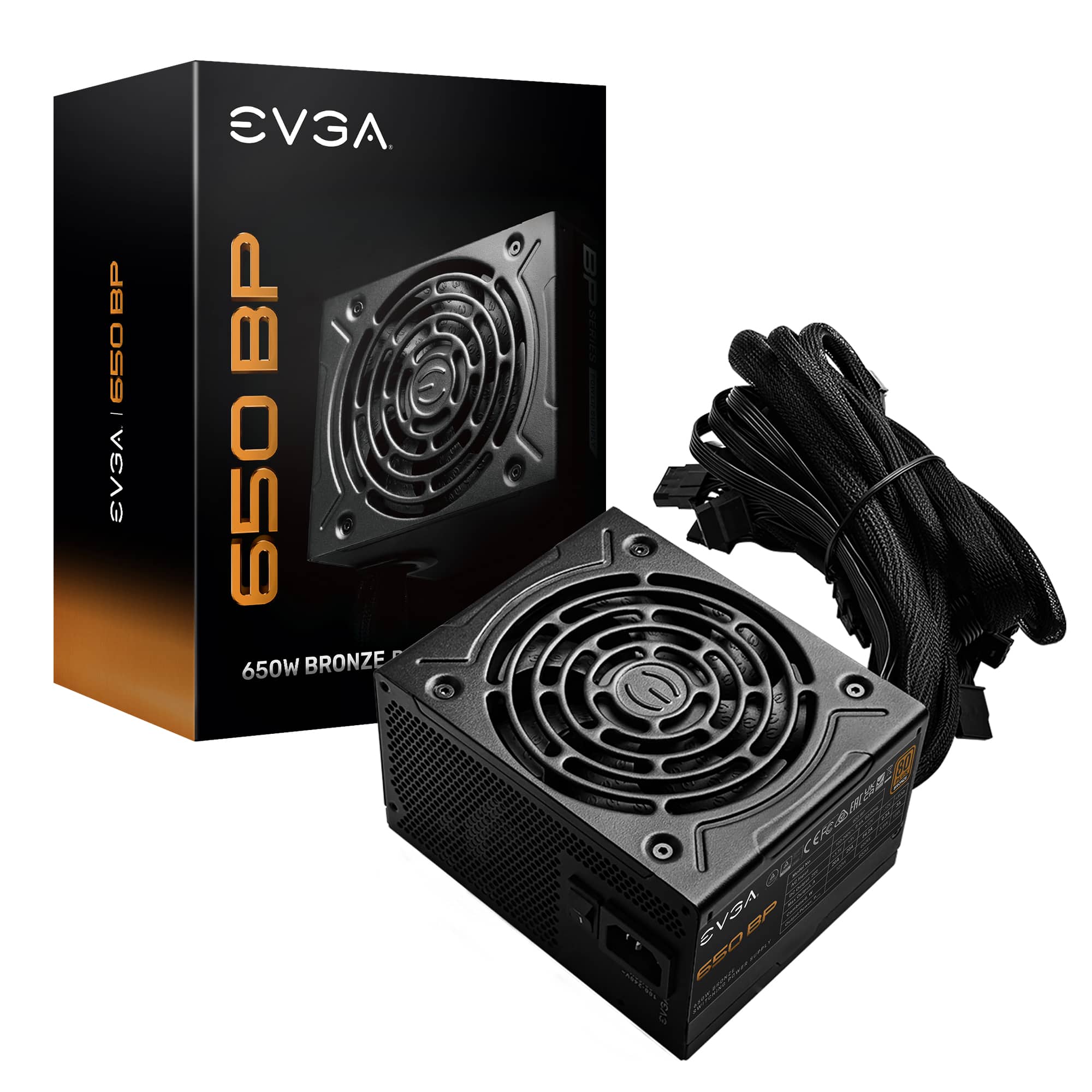 Front. EVGA - 650 BP, 80+ BRONZE 650W, 100-BP-0650-K1, Power supply.