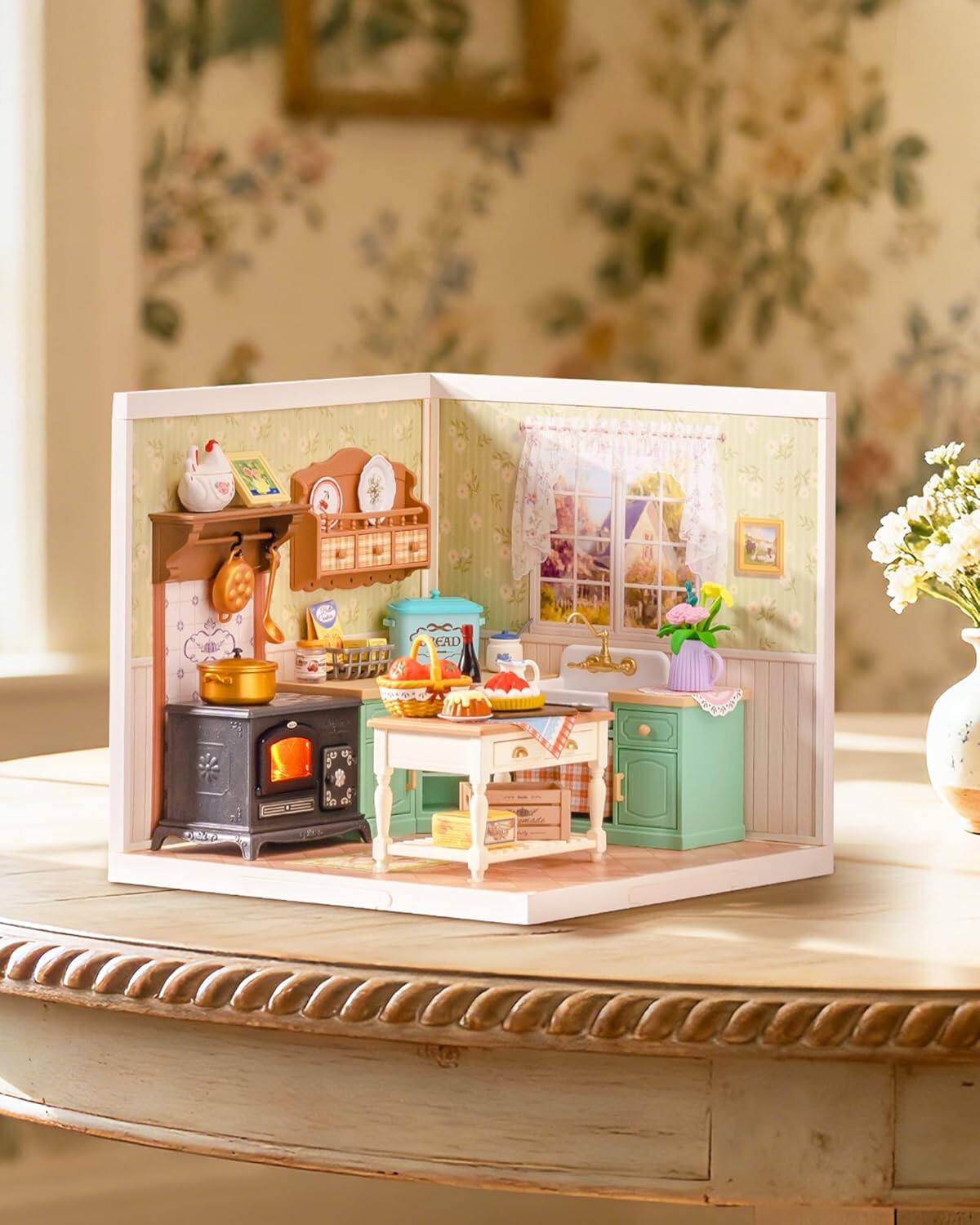 Alt View 1. Robotime - Rolife Farmhouse Kitchen Super Creator Kits, Tiny House Building Blocks for Little Dolls, DIY Plastic Model Building Kit - Brown.
