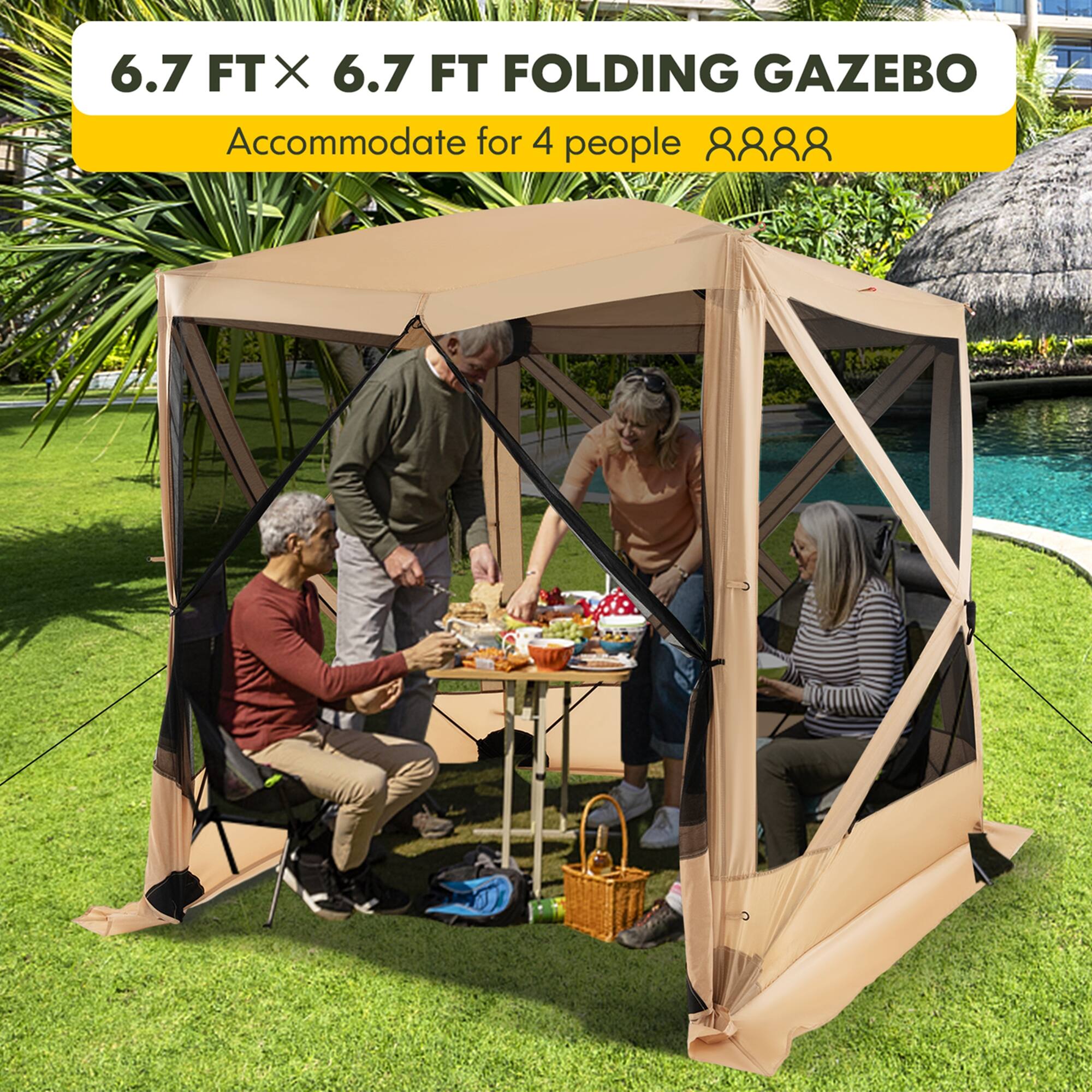 6.7 FTX X 6.7 FT FOLDING GAZEBO Accommodate for 4 people.