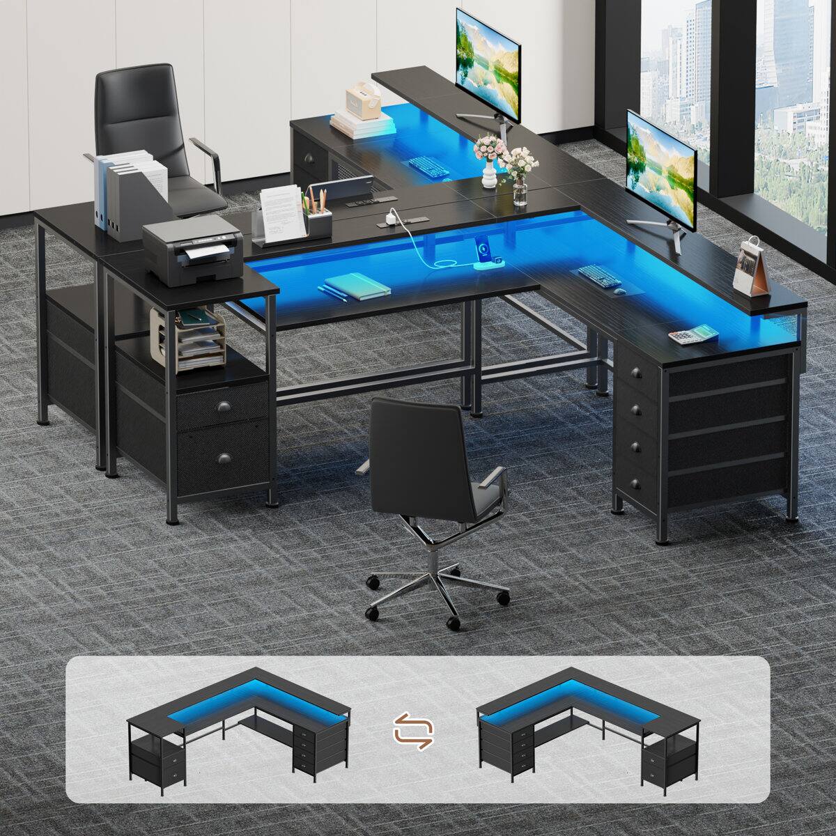 Alt View 6. Furnulem - 66 In LShaped Gaming Desk with LED Lights Power Outlets Monitor Stand  6 Fabric Storage Cabinets for Home Office - Black.