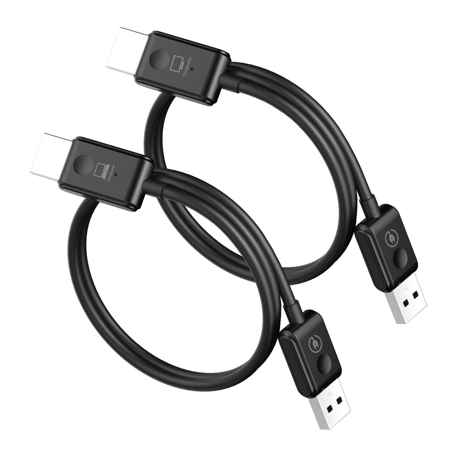 The image shows two black cords, which could be used for connecting a TV or monitor to a computer. The cords are hanging next to each other, and they are likely to be USB cords.