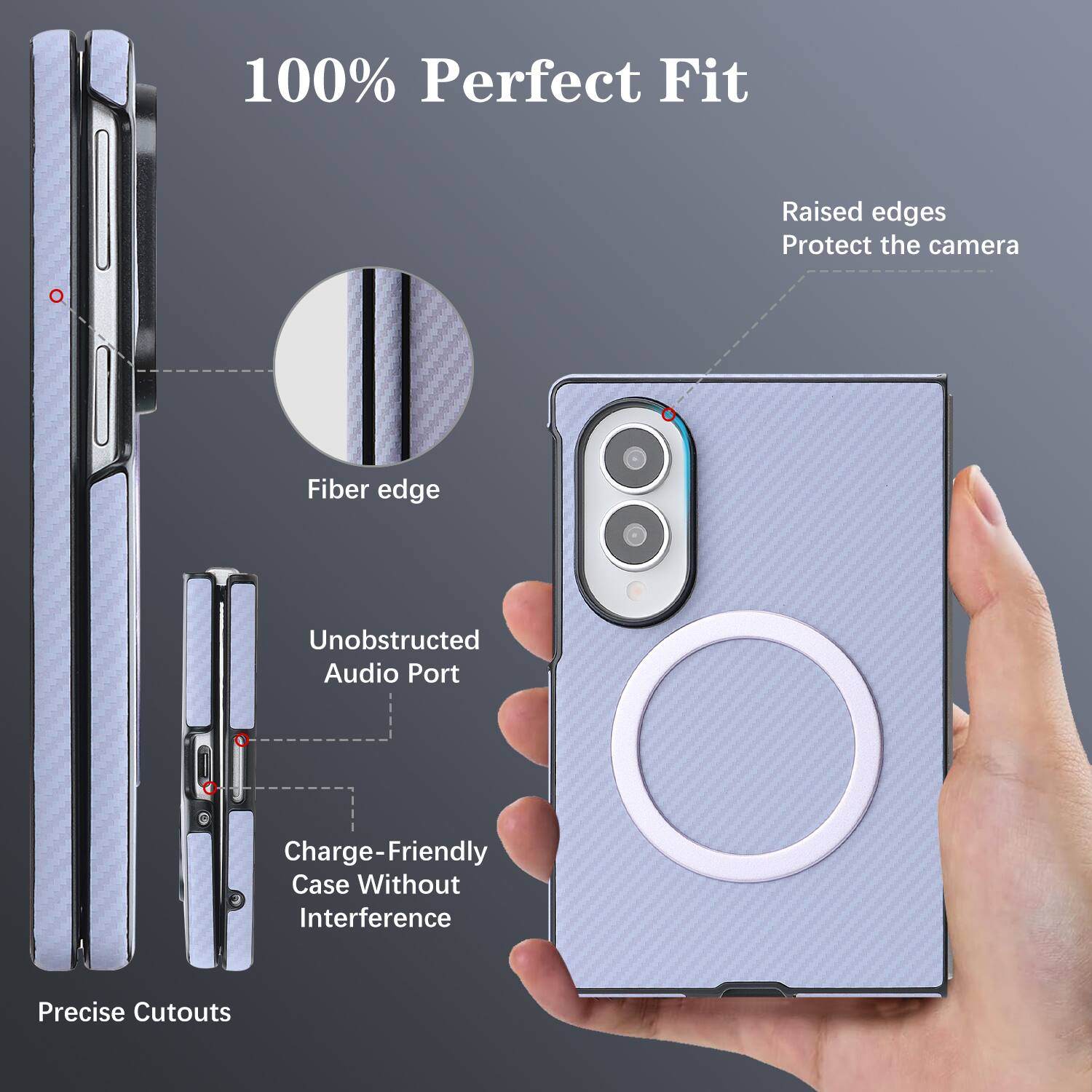 100% Perfect Fit  
Raised edges Protect the camera  
Fiber edge  
Unobstructed Audio Port  
Charge-Friendly Case Without Interference  
Precise Cutouts