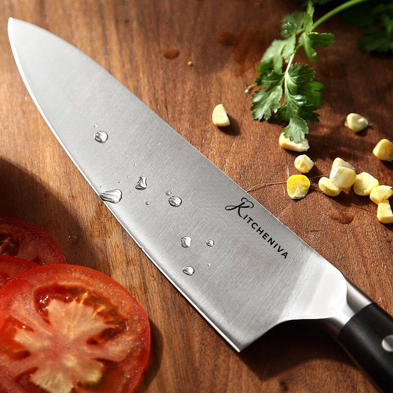 Left. Kitcheniva - 3-Piece German Stainless Steel Kitchen Knife Set with Ebony Wood Handle.